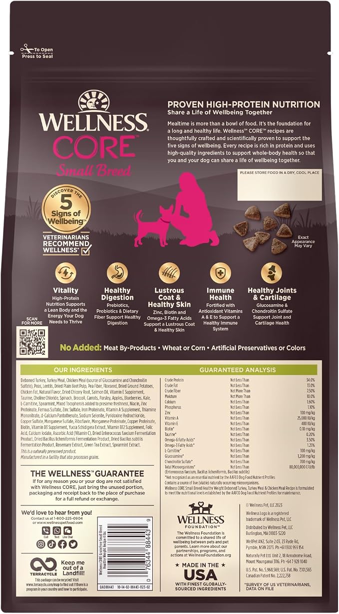 Wellness CORE Healthy Weight Small Breed Adult Dry Dog Food, Grain Free Kibble, Natural, High Protein, Turkey and Chicken Recipe, 4 lb Bag