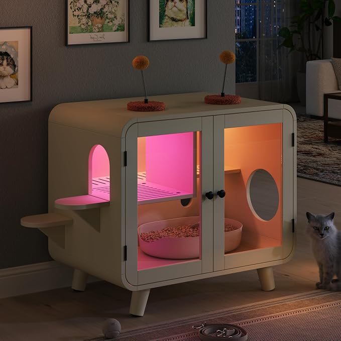 TV-Style Cat Cabinet with Side Steps, Litter Walkway, Dual Glass Doors, RGB Ambient Lighting, Interactive Pom-Pom Toys, Indoor Cat House Side Table, MDF & Glass Construction, Beige