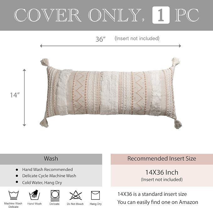 14x36 Lumbar Pillow Cover for Bed, Rectangular Long Decorative Throw Pillowcase, Boho Accent Cushion with Tufted Pattern and Tassels, Cream Beige Neutral (Cover Only)