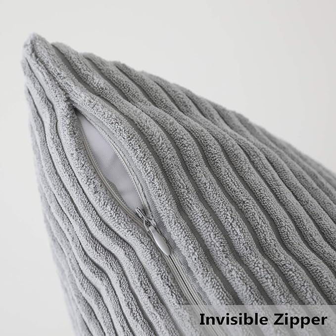 Home Brilliant Striped Soft Velvet Corduroy European Throw Pillow Sham for Sofa Euro Sham Cover for Bed Pillow Cover 26x26 Couch Bench, 26 inch (66x66cm), Light Grey