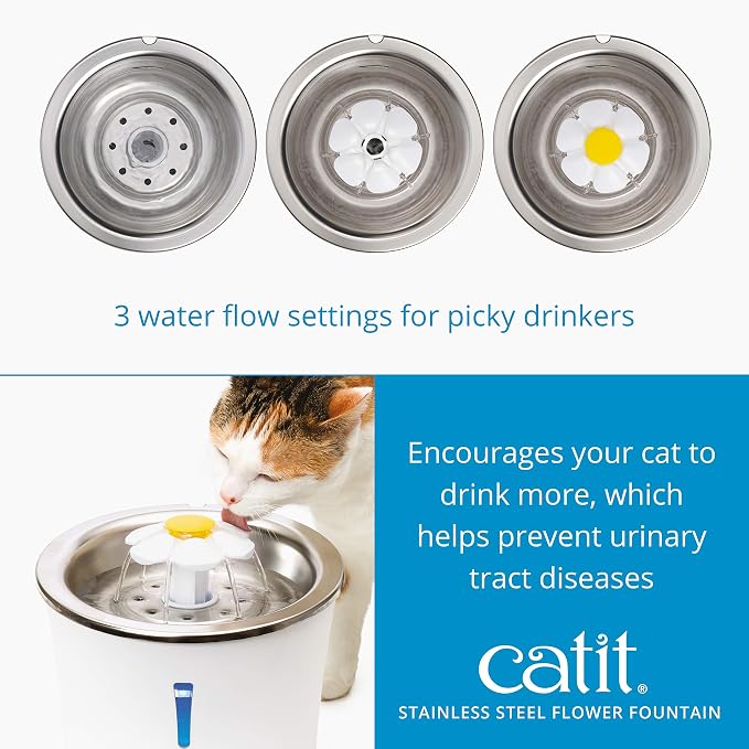 Catit Stainless Steel Flower Fountain with Triple Action Filter, Cat Drinking Water Fountain, 3 L (Pack of 6)