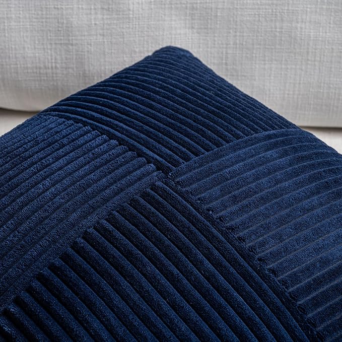 Fancy Homi Set of 1 Navy Blue Boho Long Lumbar Body Decorative Throw Pillow Cover 14x36 Inch for Bed Couch Bedroom Bench, Soft Patchwork Corduroy Textured Pillow Case, Rustic Farmhouse Room Decor