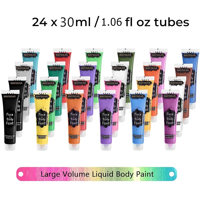 Maydear 24 Colors Liquid Face & Body Paint Kit – Non-Toxic Matte Squeeze-Tube Paints for Kids & Adults, Easy-Wash, Halloween, Cosplay & Stage Makeup