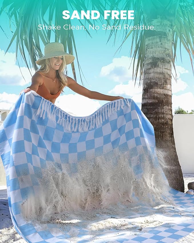 Antfuny Turkish Beach Towels Vacation Essentials Quick Dry Sand Free Sandless Fast Drying Foldable Oversized Bath Pool Swim Towel Adult Travel Cruise Accessories Must Haves White Blue