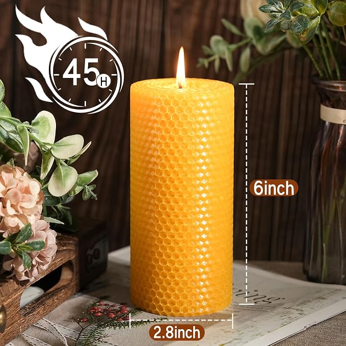 8 Pack Beeswax Piilar Candles, 360 Hours Handmade Beeswax Pillar Candles Handcrafted Honeycomb Bees Wax Candle for Home, Prayer, Unscented Candles (2.8x6 in)