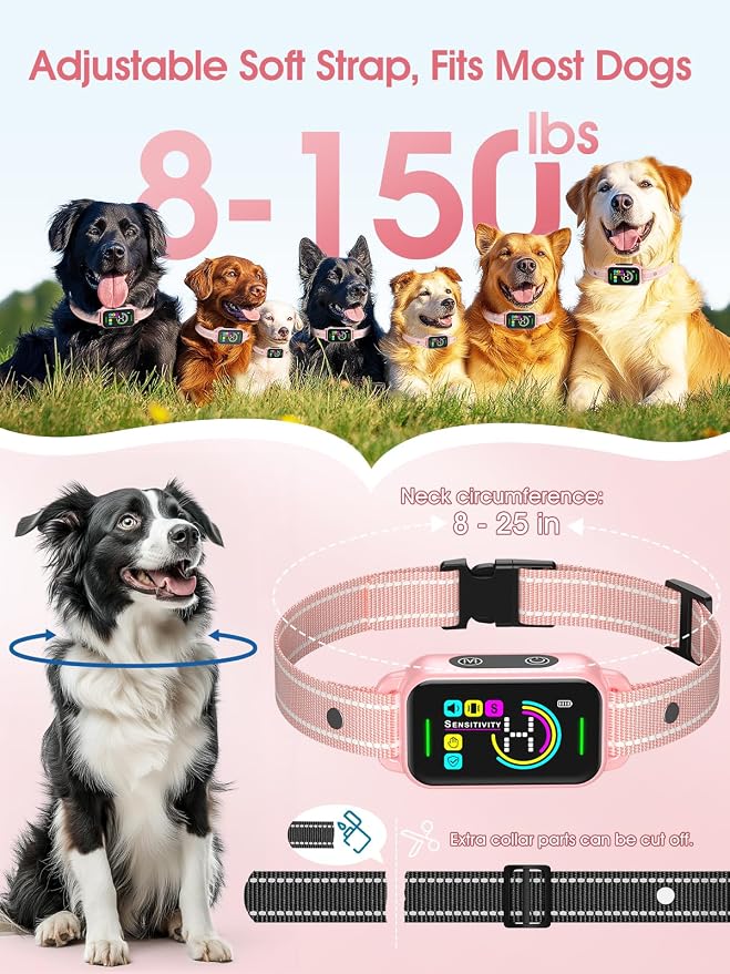 DINJOO Bark Collar for Large Medium Small Dogs - Smart AI 1S Stop Barking, Anti Barking Device & Dog Training Collar with Beep, Vibration & 8-Level Sensitivity, IP67 Waterproof - Pastel Pink