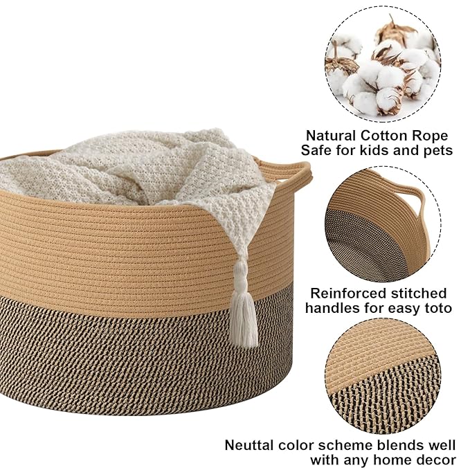 115L Extra Large Blanket Basket,Woven Laundry Basket-Jute&Black | Collapsible, reinforced handles, nursery storage bin organizes clothes, toys and pillows for living room, bedroom bathroom