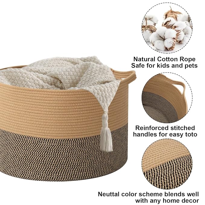 65L Large Blanket Basket,Rope Woven Laundry Baskets-Jute&Black | Collapsible, reinforced handles, nursery storage bin organizes clothes, toys and pillows for living room, bedroom bathroom