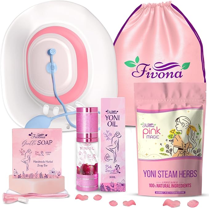 Fivona 6-in-1 Yoni Steam Kit for Women, Steaming Herbs Pink Magic, Expandable V Steam Seat, Yoni Oil, Gentle Soap, Hand Pump, Storage Bag - Cleansing, Moisturizing, pH Balance, Natural Yoni Detox