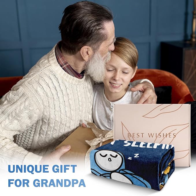 Funny Grandpa Birthday Gifts, Grandpa is Not Sleeping Blanket | Grandpas Gift from Grandkids, Super Soft Throws Blanket for Napping, Promoted to Grandpas Gifts, 60" x 80" (Navy Blue)