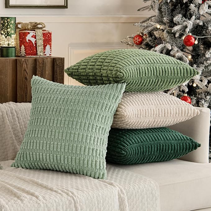 MIULEE Pack of 4 Summer Neutral Corduroy Decorative Throw Pillow Covers 20x20 Inch Farmhouse Boho Rustic Soft Striped Pillow Covers Home Decor for Sofa Living Room Couch Bed Green | Neutral Rustic Farmhouse Boho Soft Striped Pillow Covers,Home Decor fo...
