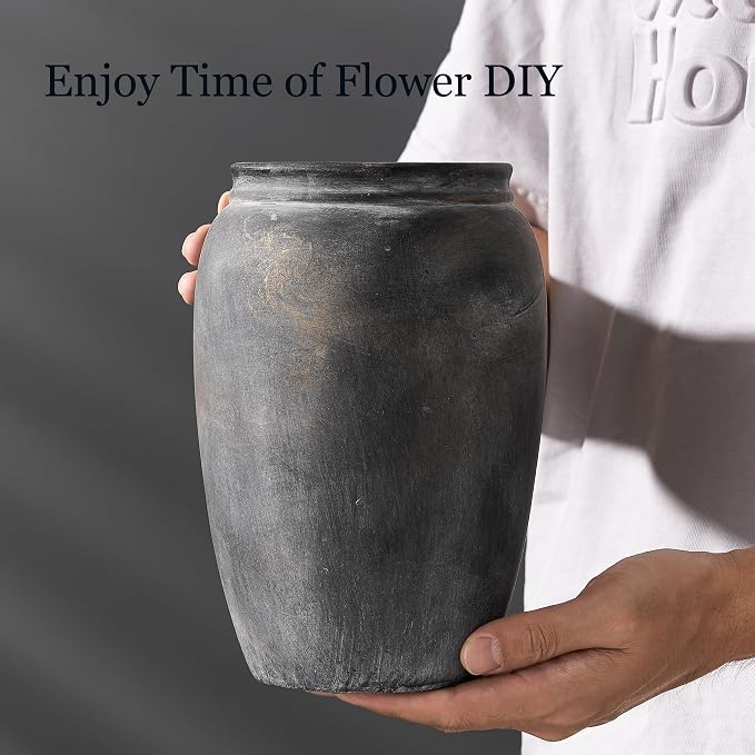 PORCER 8.2 Inch Ceramic Terracotta Rustic Vase Home Decor Farmhouse Decorative Vase for Living Room Entryway Floor Holiday Wedding-Black Bronze