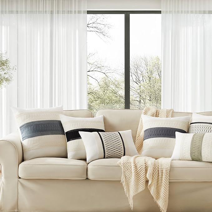 2pk Boho Pillow Covers 22x22, Natural White/Contrast/Charcoal | 100% Organic Cotton Body, Stripe Embroidery, Farmhouse Decorative Cushion Covers for Sofa Bed Living Room Home Decor