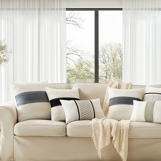 2pk Boho Pillow Covers 24x24, Natural White/Contrast/Black | 100% Organic Cotton Body, Stripe Embroidery, Farmhouse Decorative Cushion Covers for Sofa Bed Living Room Home Decor