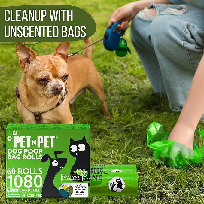 Pet N Pet Poop Bags for Dogs, 1080 Count, Plant Based, Unscented, Green | USDA Certified, 41%, Doggy, Leak-Proof, Refill, Waste, Tear-Resistant, Easy-Tear Design, dog waste bags
