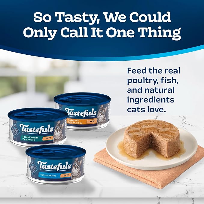 Blue Buffalo Tastefuls Variety Pack Paté Wet Cat Food, 5.5 oz, 24 ct | Chicken, Turkey & Chicken, Ocean Fish & Tuna Entrées (8 of Each), Paté Style