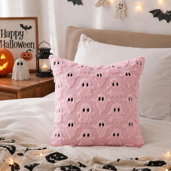 DFXSZ Halloween Pillow Covers 16x16 inch 2Pcs Pink Ghost Halloween Decor | Halloween Decorations Set of 2 Throw Pillow Cases Plush Faux Fur Wool Cushion for Chair Sofa Bedroom Living Room Home Decor