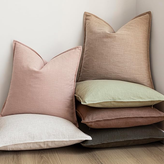 Foindtower Pack of 2, Decorative Linen Solid Throw Pillow Covers Soft Accent Cushion Case Boho Farmhouse Pillowcase for Bed Chair Couch Sofa Bedroom Living Room Home Decor 16 x 16 Inch Light Pink