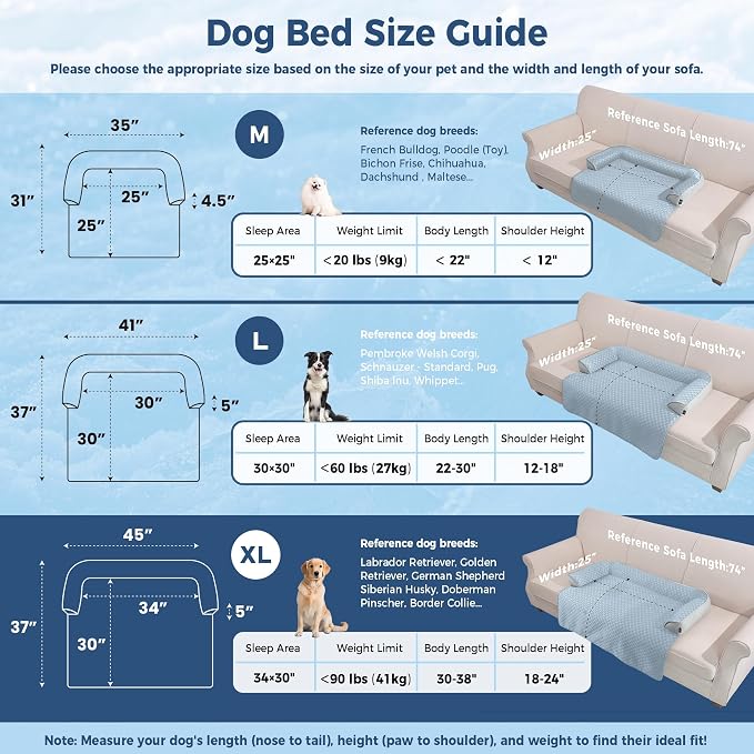 XLarge Dog Cooling Bed for Sofa, 45x37 Inch Pets Couch Cover Mat | Waterproof & Easy Clean & Non-Slip Bottom & Non-Gel, Washable Dogs Summer Couch Pad For Indoor & Outdoor, Light Blue