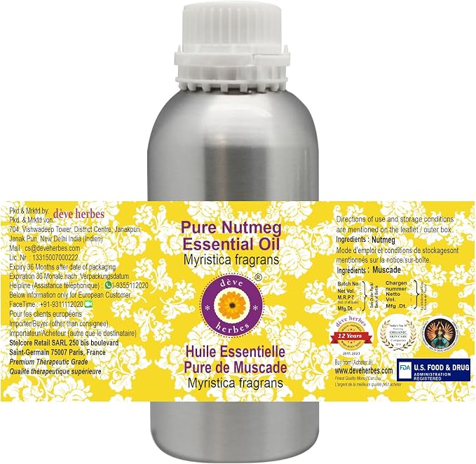 Deve Herbes Pure Nutmeg Essential Oil (Myristica fragrans) Steam Distilled 630ml (21 oz)