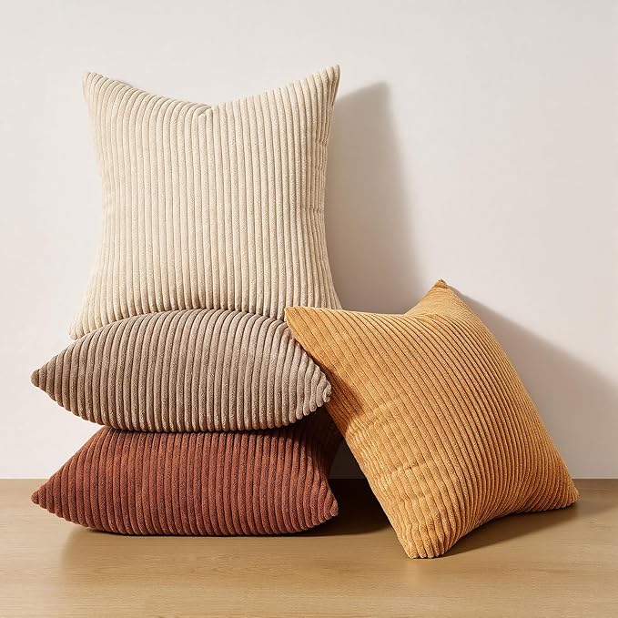 Topfinel Yellow Brown Gradient Rustic Pillow Case Boho Throw Pillow Covers 22x22 Inch Set of 4 Soft Farmhouse Corduroy Striped Decorative Cushion Cover for Sofa Couch Living Room Bedroom