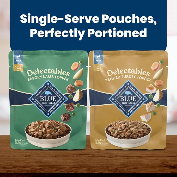 Blue Buffalo Delectables Variety Pack Dog Food Topper, 3 oz, 12 ct | Lamb & Turkey Recipes, Real Meat with Garden Veggies in Gravy, Single-Serve Pouches, Topper or Treat