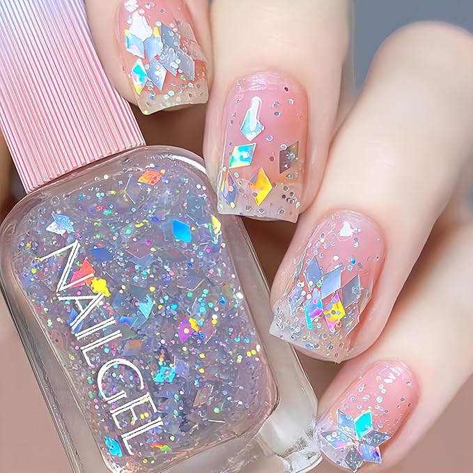 Clear Glitter Nail Polish, Chunky & Fine Holographic Glitter Top Coat, Iridescent Confetti Nail Polish Quick Dry, For DIY Nail Art and Holiday Party, Non Toxic