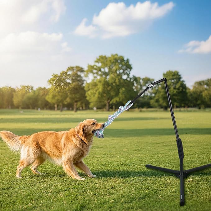 Unidevice Outdoor Tug of War Dog Toy with Reinforced Tripod Base - Heavy Duty Iron 360° Interactive Tether Tug Toy for Backyard Solo Play - Adjustable Spring Pole Rope System for All Breeds