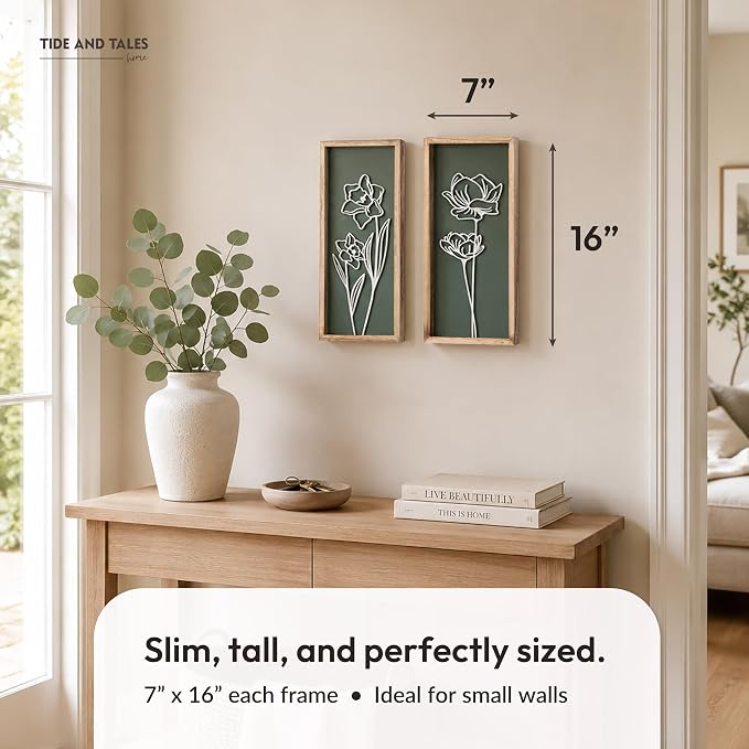 Tide and Tales Floral 3D Green Wall Art, Botanical Wall Decor, Set of 2 | 7" x 16", Lightweight, Framed Ready-to-Hang, Bathroom Wall Decor, Bedroom, Living Room or Office, Boho, Farmhouse, Gift-Boxed