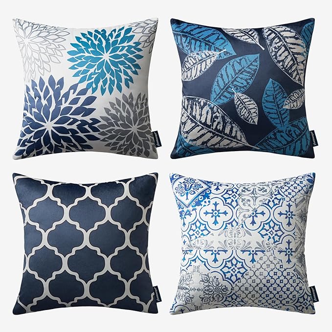 Phantoscope Set of 4 New Living Series Velvet Pillows Leaf Geometric Throw Decorative Velvet Pillow Cover Cushion Cover, Dark Blue 18 x 18 inches 45 x 45 cm