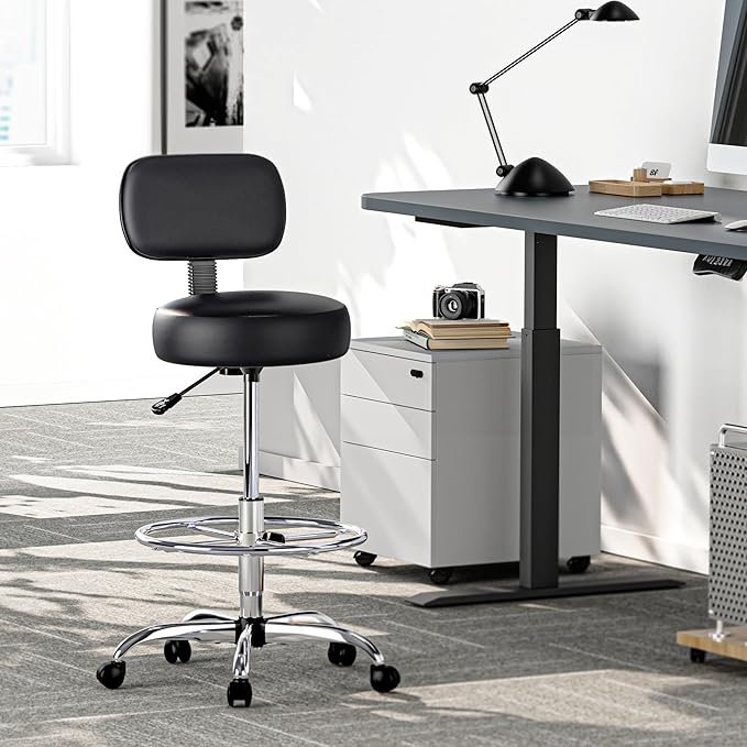 SUPERJARE Drafting Chair with Back, Adjustable Foot Rest Rolling Stool, Multi-Purpose Office Desk Chair, Thick Seat Cushion for Home Bar Kitchen Shop - Black 7205B