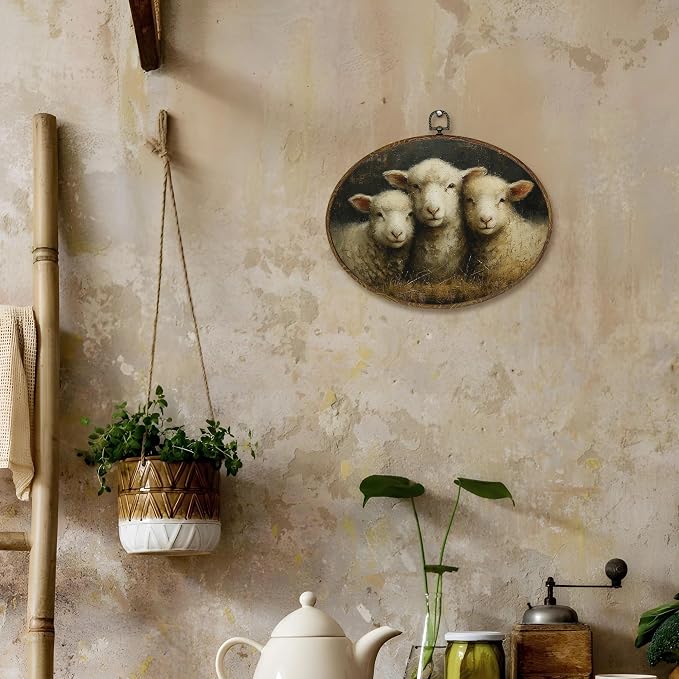 LKETW Vintage Sheep Oval Wall Art Decor, Neutral Cottagecore Lamb Oval Canvas Hanging Decor, Rustic Farmhouse Animal Wall Decorations For Home Living Room Farmhouse Gallery, 11.4x8.6 Inch