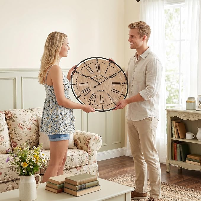 EMAX HOME 20 Inch Large Farmhouse Wall Clock, Light Wood Grain Face with Black Metal Frame, Silent Non-Ticking Quartz Movement, Easy-to-Read Roman Numerals, for Living Room, Bedroom, Kitchen.