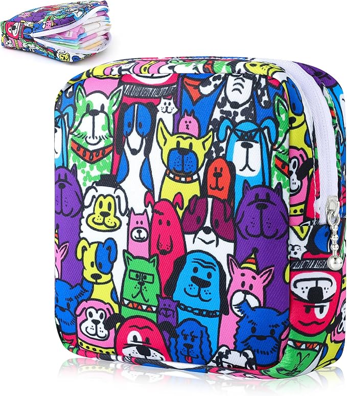Sanitary Pad Storage Bag Portable Period Bag for Teen Pads/Sanitary Napkins/Small Tampons, Sanitary Napkin Storage Bag First Period Gifts for Teen Girls (Colored Puppy)