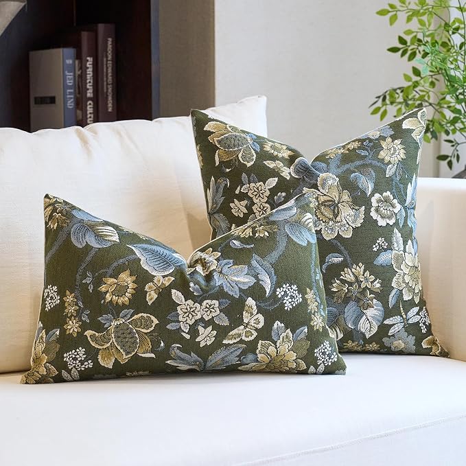Neutral Floral Pillow Cover 12x20, Vintage Linen Lumbar Pillow Cover Soft Decorative Farmhouse Accent Pillow Case for Couch Bedroom Living Room Home Decor, Green