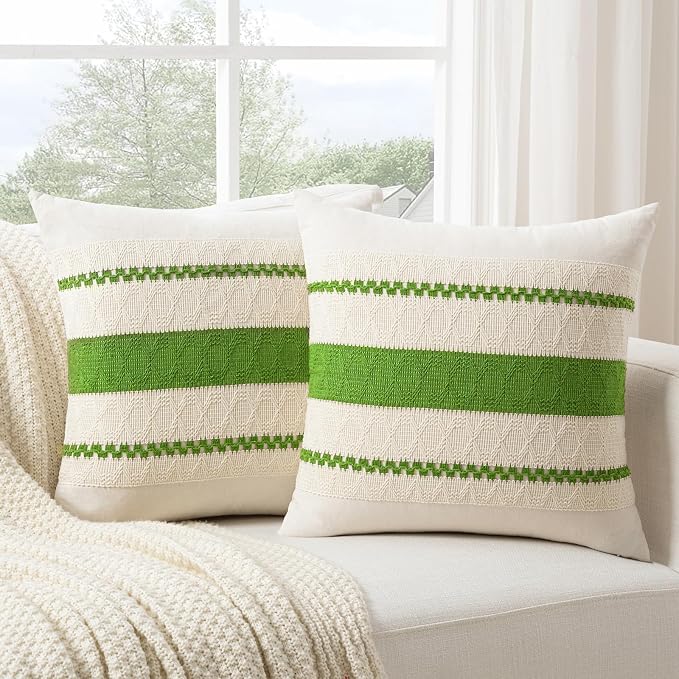 Fancy Homi Set of 2 Boho Lime Green Decorative Throw Pillow Cover 18x18 Inch for Couch Bed Sofa, Aesthetic Modern Organic Farmhouse Home Decor, Soft Cotton Cute Accent Macrame Woven Cushion Case