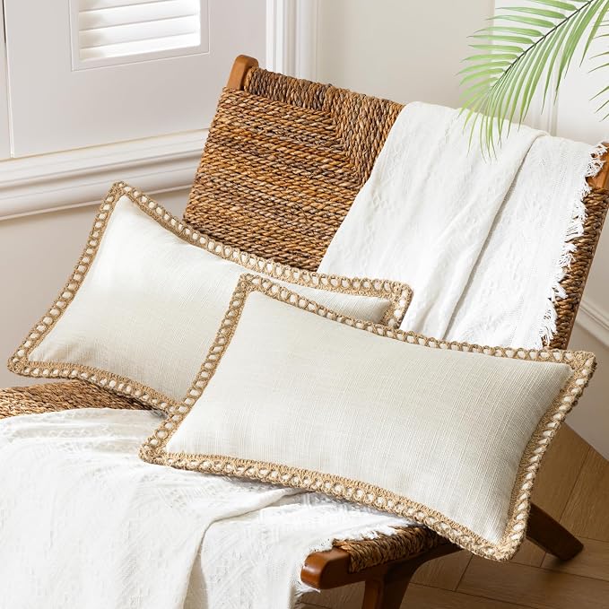 Phantoscope Pack of 2 Farmhouse Decorative Throw Decorative Pillow Cover Burlap Linen Trimmed Tailored Edges Off White, Plain, 12 x 20 inches, 30 x 50 cm