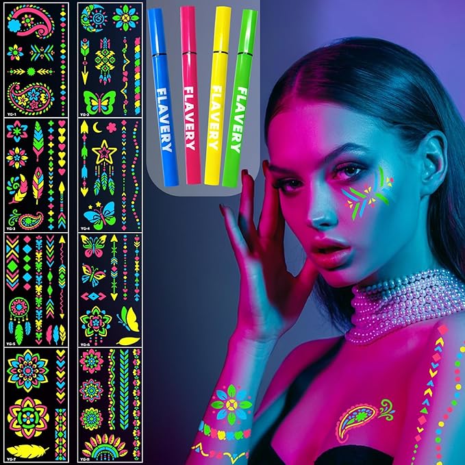 Glow in the Dark Face Paint Markers, UV Neon Body Paint Pen 4-Color + 8 Sheet Mandala Flower Bohemia Tattoos Stencils for Adult Teen Kid, Glow Party Nightclub Birthday Festival Christmas Washable