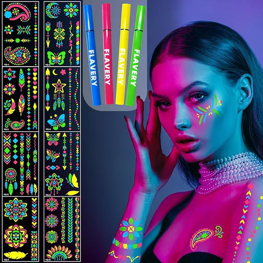 Glow in the Dark Face Paint Markers, UV Neon Body Paint Pen 4-Color + 8 Sheet Mandala Flower Bohemia Tattoos Stencils for Adult Teen Kid, Glow Party Nightclub Birthday Festival Christmas Washable