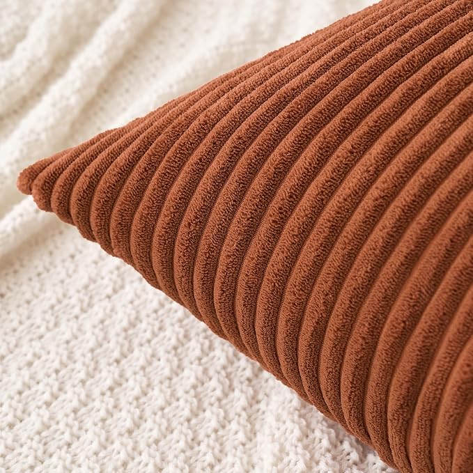 MIULEE Fall Soft Corduroy Throw Pillow Covers Set of 2 18x18 Dark Rust | Decorative Striped Textured Cushion Cases, Boho Rustic Square Pillowcases, Home Decor for Couch Chair Sofa Bed Living Room