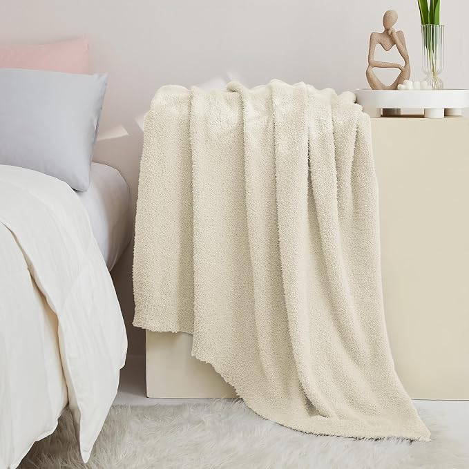 Super Soft Knit Throw Blanket Throw Size Beige - Lightweight Plush Fuzzy Fluffy Warm Cozy Blankets and Throws for Sofa Bed All Season Use, 50x60 inches