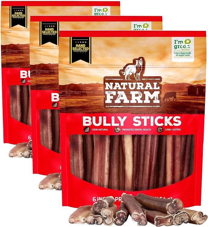 Natural Farm Odor-Free Select Bully Sticks, (6-Inch, 1-Pound), Hand Selected for Consistent Thickness, 100% Beef Pizzle Dog Chews, Fully Digestible, High Protein, Best Dental Treats (Pack of 3)