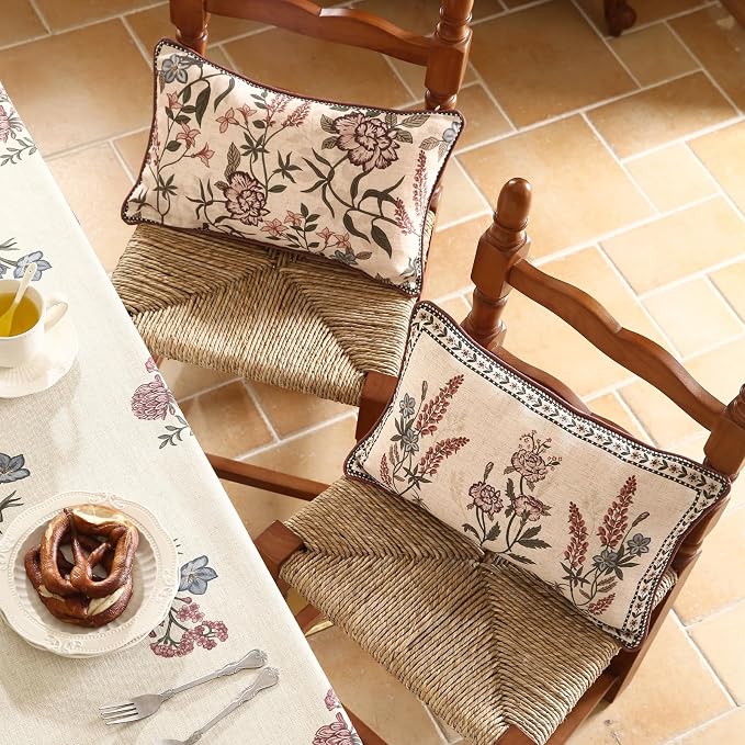 Designer Linen Throw Pillow Cover,Set of 2,20"x12"-Helena C | Elegant French Rectangle Pillow Cover,Concealed Zipper Design,Floral Pattern,Sofas,Bedroom,Living Room,Lounge Chairs