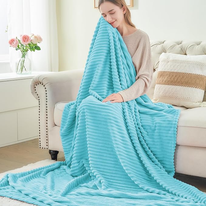 BEDELITE Ribbed Jacquard Light Blue Fleece Twin Blanket for Bed, 60x80 Inch | Soft Warm Decorative Fluffy Blanket, Cozy Plush Lightweight Fuzzy Throw Blanket for Couch Sofa Room Decor, Gift for Women