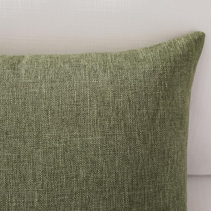 Meekio Set of 2 Dark Moss Green Throw Pillow Covers 16x16, Modern Farmhouse Linen Blend Decorative Pillow Covers for Couch Sofa Bed, Earth Tone Home Decor