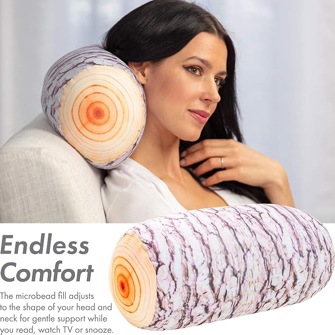 PILLOWY Microbead Log Roll Pillow - Bolster Tube Pillow Cushion Perfect Therapy Pillow - Airy Squishy Soft Bead Bag Bed Room Decoration, Neck Pillow Back Head Body Support, 14" X 8", Timber