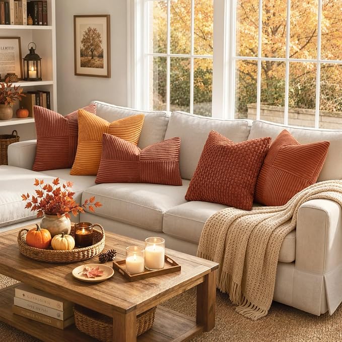 MIULEE Fall Rust Boho Decorative Throw Pillow Covers for Couch 18x18 Inch | 2 Pack, Boho Farmhouse Pillow Covers, Soft Cross Corduroy Patchwork Textured Cushion Cases For Bed Sofa