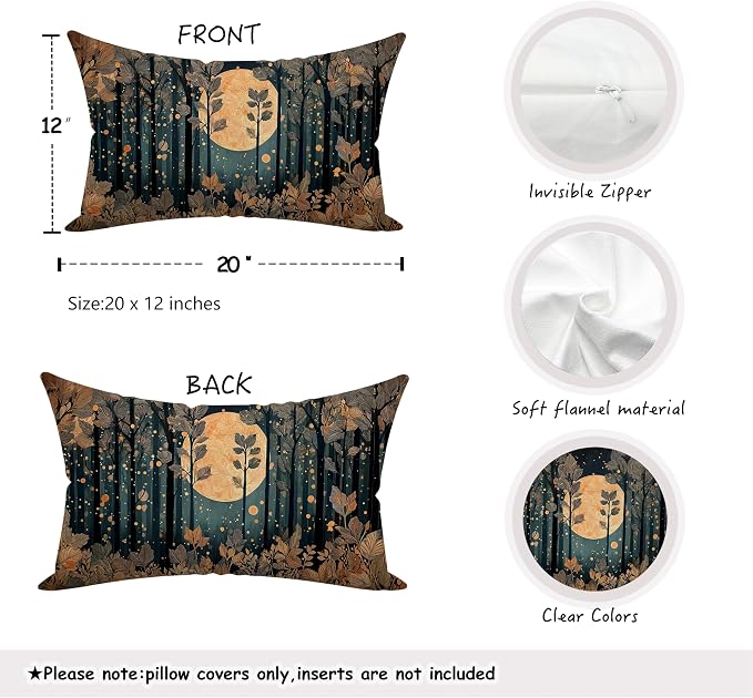 Vintage William Morris Inspired Gold Forest Moon Pillow Covers 20x12 Set of 2,Rustic Black and Gold Moon Nature Landscape Botanical Decorative Throw Pillow Covers for Home Bedroom Living Room