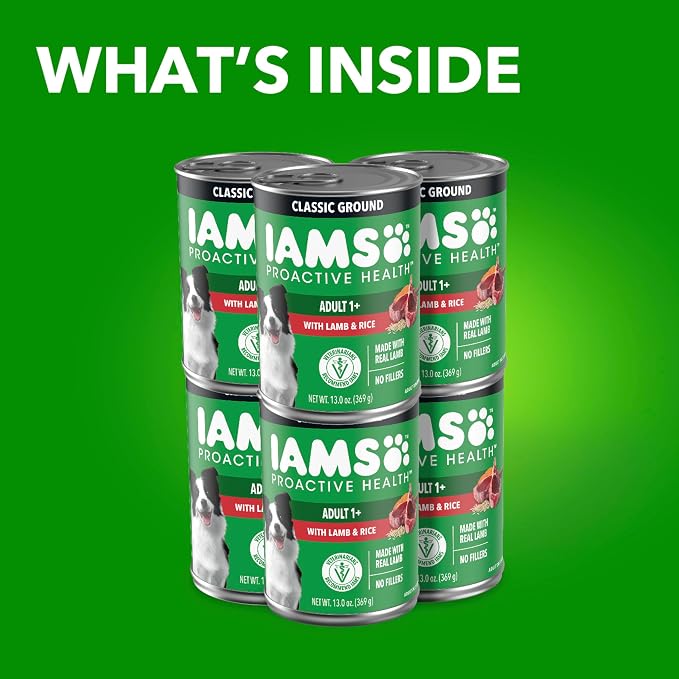 IAMS Proactive Health Ground Wet Dog Food, Lamb & Rice, 13 oz, 6-Pack | Real lamb, supports whole-body health, Omega-6 for skin & coat, no fillers or artificial flavors, 100% complete & balanced