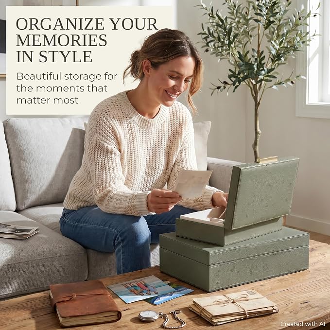 ZICOTO Decorative Storage Boxes with Lids – Set of 2 Beautiful PU Leather Organizer Bins for Your Bookshelf Home Decor - Safely Store Photos, Documents and Memory Box Keepsakes in Style